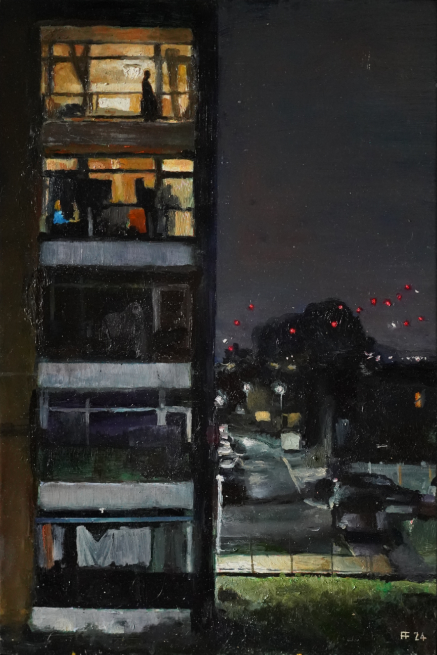 Combwell Crescent, Abbey Wood 10.15pm Oil  on gesso board 12 x 18 inches 