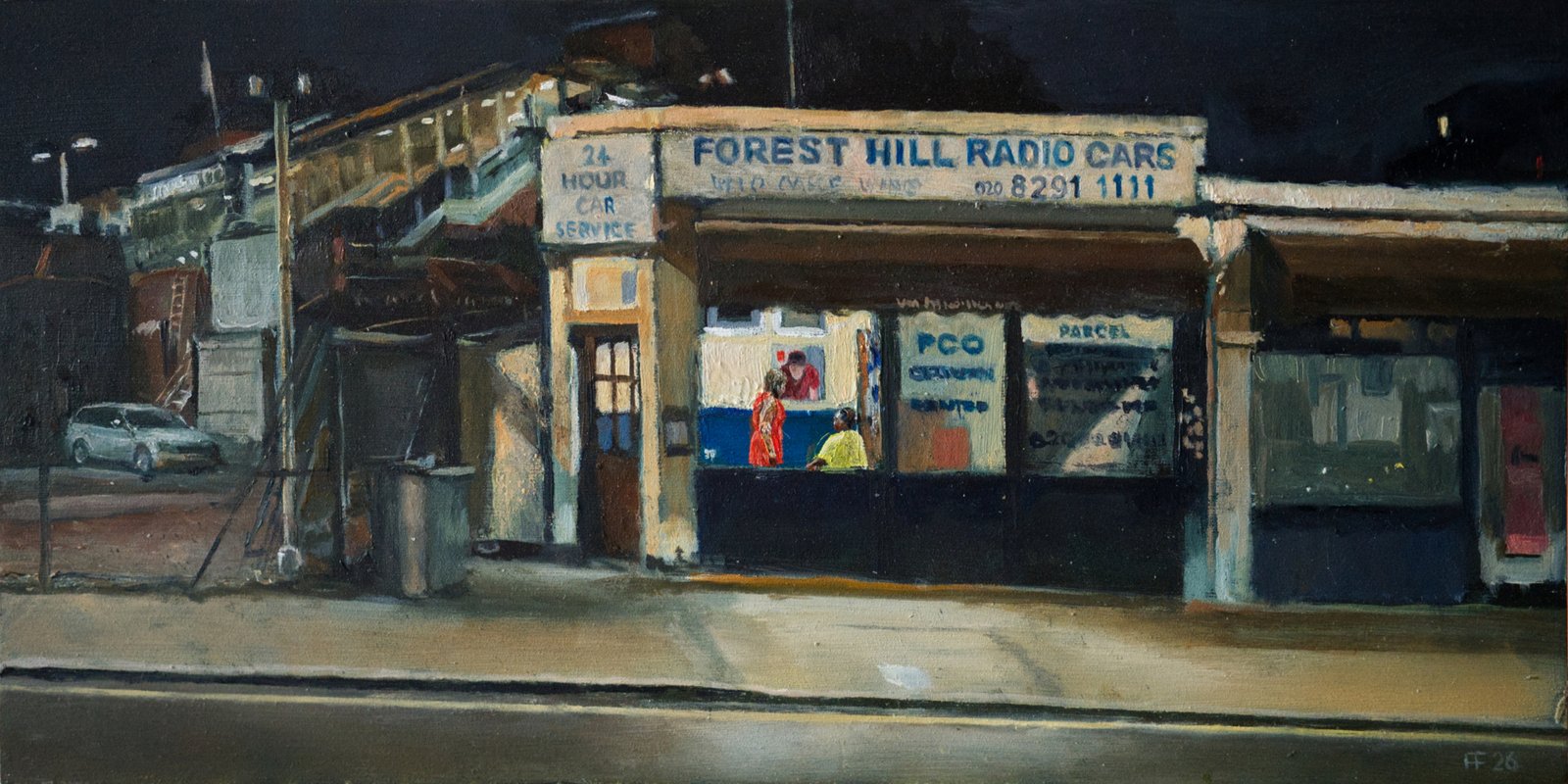Forest Hill Radio Cars 12.20am oil on gesso board 20 x 40cm