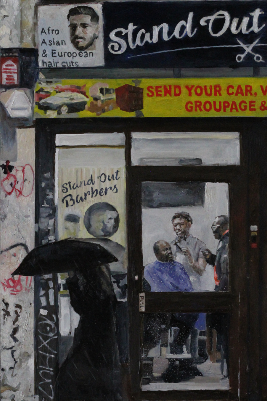 New Cross Barbers oil on gesso board 12 x 24 inches